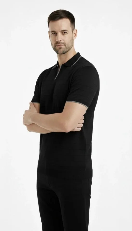 Men's Knit Fabric Collared Buttonless Open Collar Ribbed Short Sleeve Regular Fit T-shirt - Black