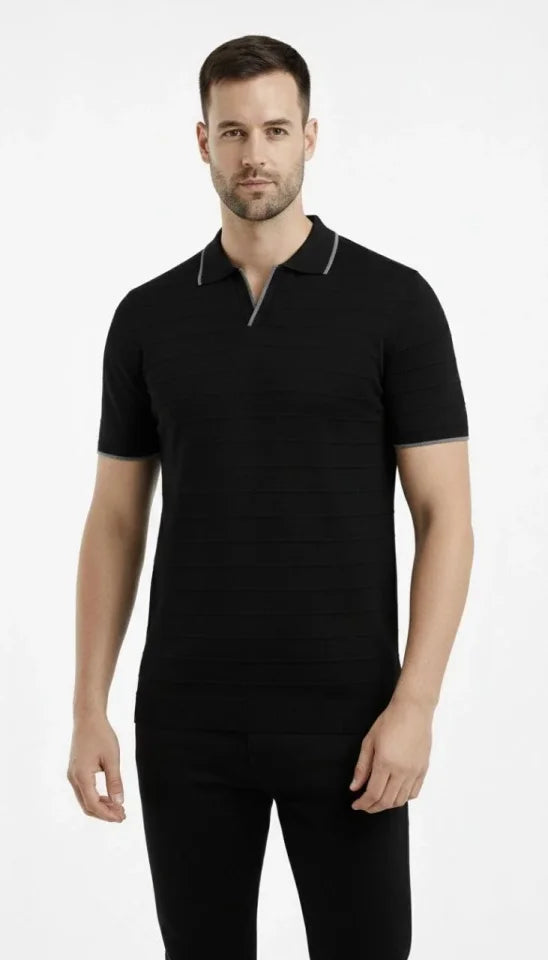 Men's Knit Fabric Collared Buttonless Open Collar Ribbed Short Sleeve Regular Fit T-shirt - Black