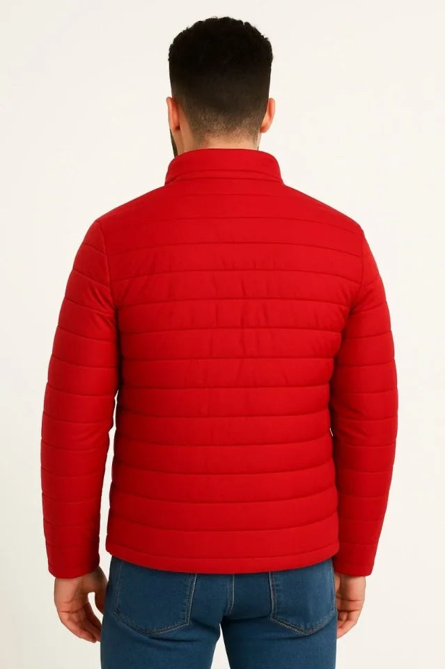 Erkek Mikro Su İtici Kapitone Baskılı Astarlı Fermuarlı Bomber Mont - Kırmızı