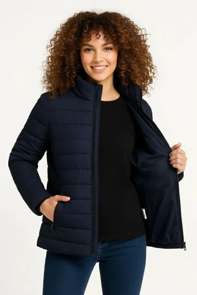 Micro Water-Repellent Quilted Printed Lined Zip-Up Bomber Jacket - Navy Blue