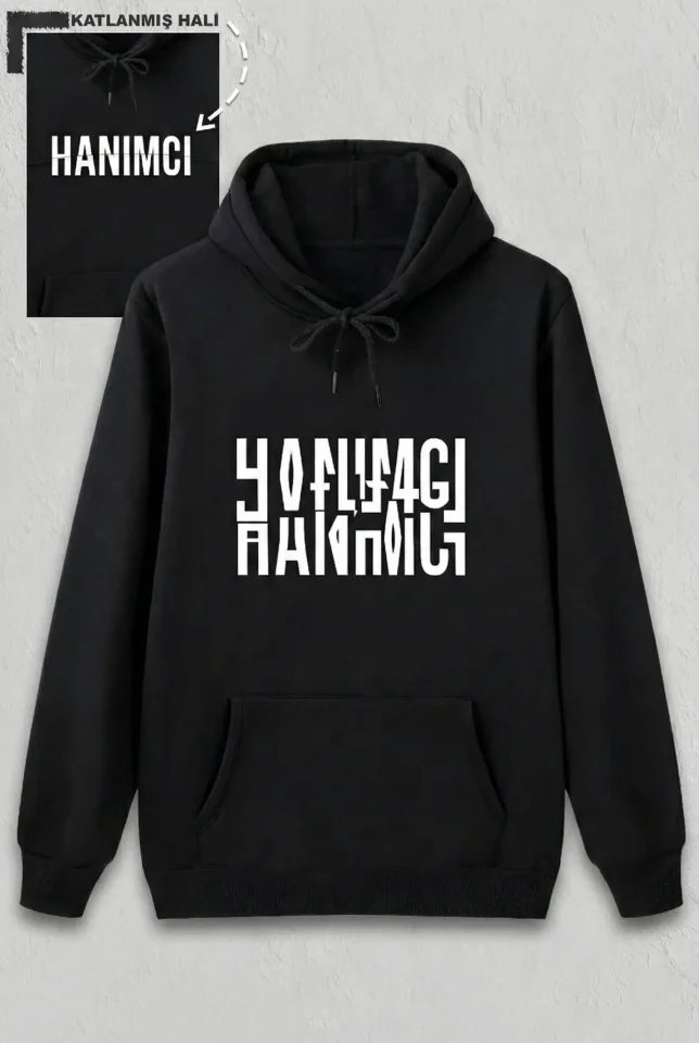 Sevgililer Günü Özel Kapüşonlu Hanımcı Baskılı Oversize Sweatshirt - Siyah
