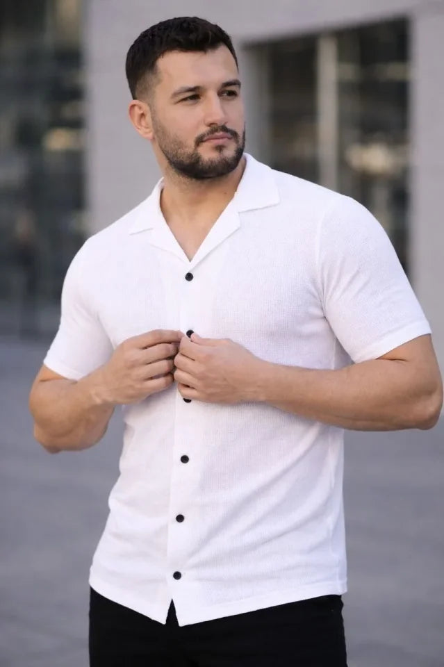 Men's Waffle Fabric Short Sleeve Buttoned Open Collar Regular Fit Shirt - White