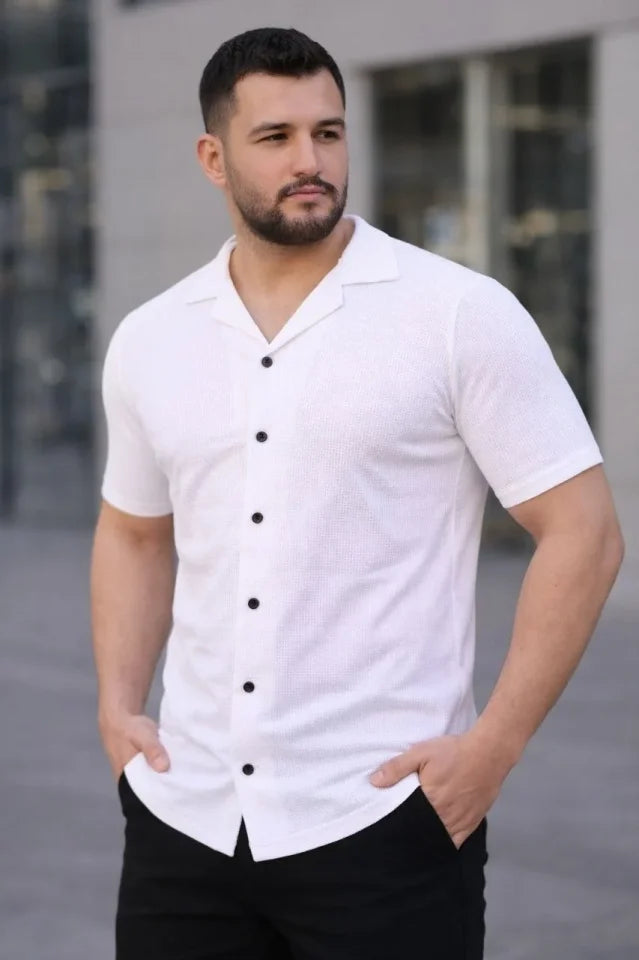 Men's Waffle Fabric Short Sleeve Buttoned Open Collar Regular Fit Shirt - White
