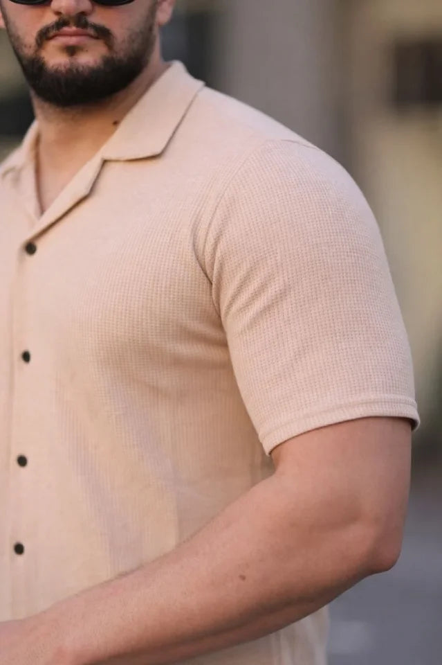 Men's Waffle Fabric Short Sleeve Button-Down Open Collar Regular Fit Shirt - Beige