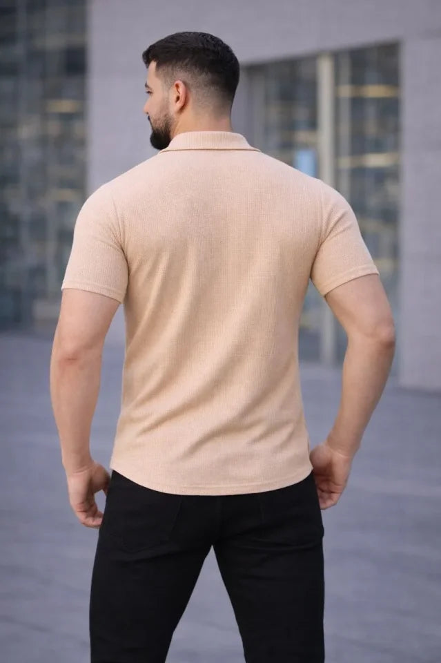 Men's Waffle Fabric Short Sleeve Button-Down Open Collar Regular Fit Shirt - Beige