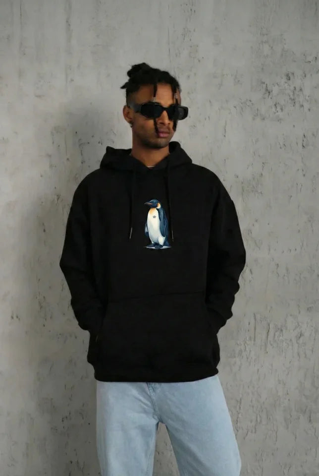 Black Oversize Hoodie - Back Printed Survivor Penguin Themed, Philosophical Text Hooded Sweatshirt - Black