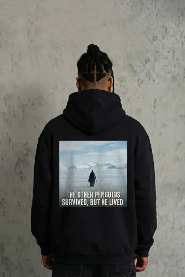 Black Oversize Hoodie - Back Printed Survivor Penguin Themed, Philosophical Text Hooded Sweatshirt - Black