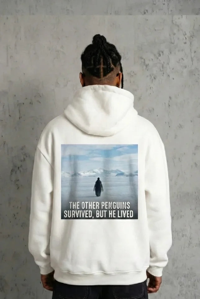 Black Oversize Hoodie - Back Printed Survivor Penguin Themed, Philosophical Text Hooded Sweatshirt - White