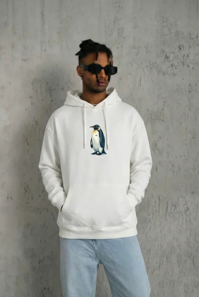 Black Oversize Hoodie - Back Printed Survivor Penguin Themed, Philosophical Text Hooded Sweatshirt - White