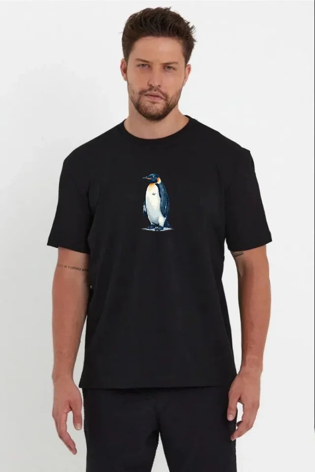 Men's Oversize T-Shirt - Back Printed Survivor Penguin Themed, Philosophical Text Crew Neck T-Shirt - Black
