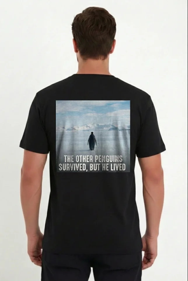 Men's Oversize T-Shirt - Back Printed Survivor Penguin Themed, Philosophical Text Crew Neck T-Shirt - Black