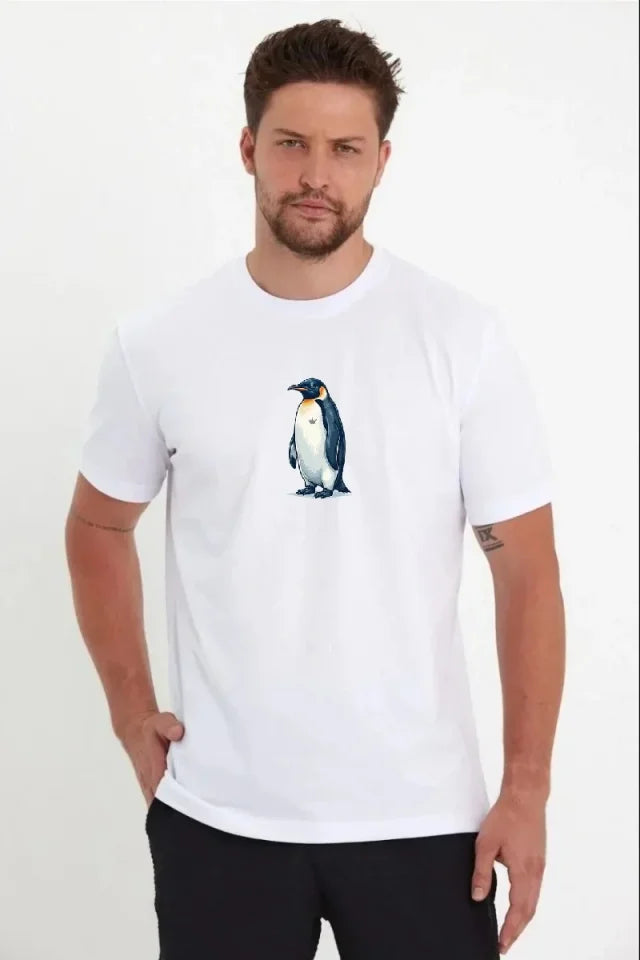 Men's Oversize T-Shirt - Back Printed Survivor Penguin Themed, Philosophical Text Crew Neck T-Shirt - White