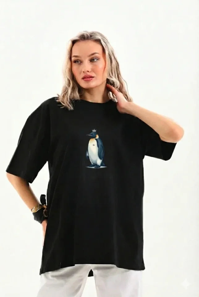 Oversize T-Shirt - Back Printed Survivor Penguin Themed, Philosophical Text Crew Neck T-Shirt - Black