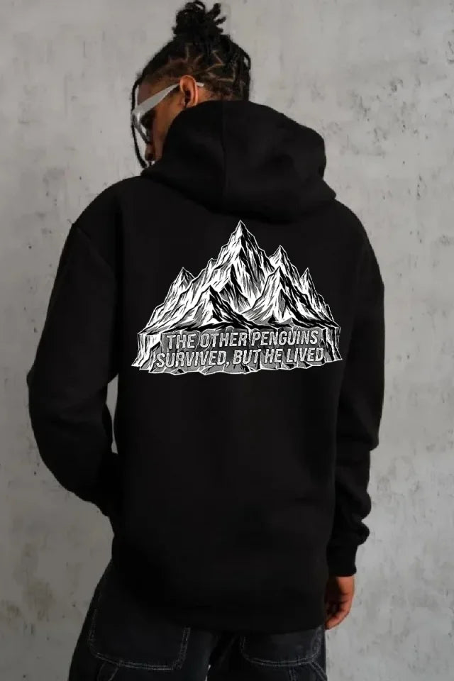 Erkek Nihilist Penguen Temalı Oversize Kapüşonlu Sweatshirt - Siyah