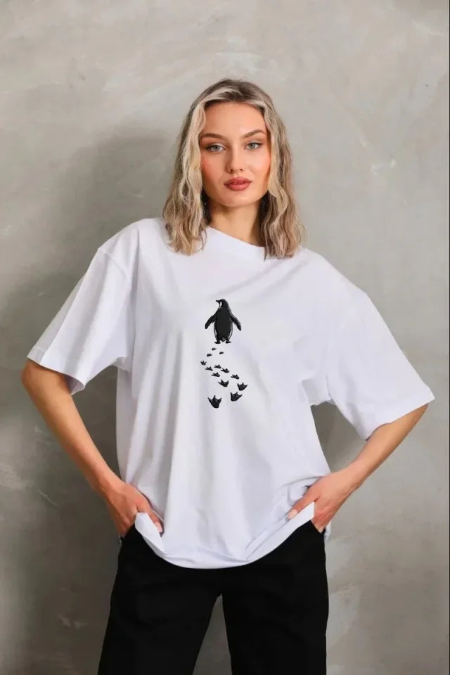 Nihilist Penguin Themed Oversize Crew Neck T-Shirt - White