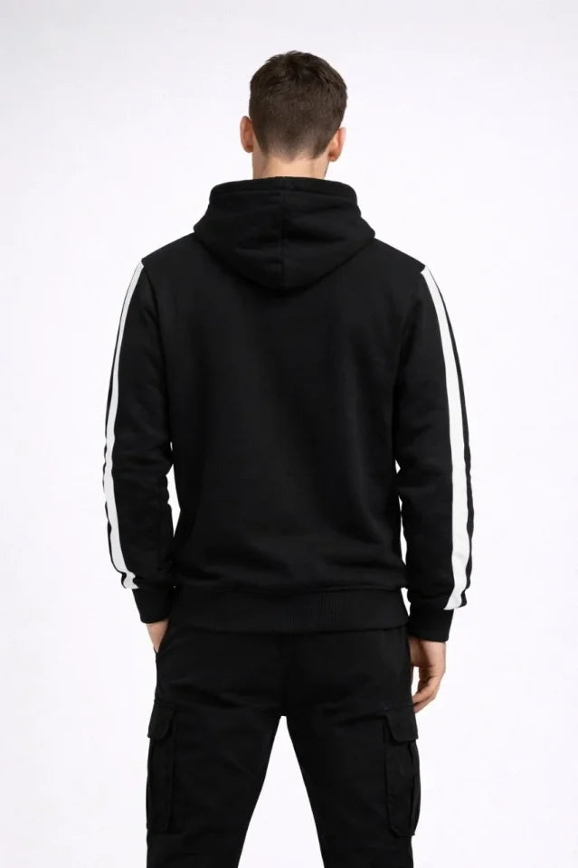 Erkek Şeritli Kapüşonlu Sweatshirt Oversize 3 Iplik Pamuklu - Siyah
