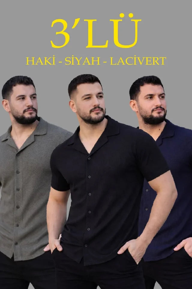 Erkek Waffle Dokuma Açık Yakalı Düğmeli Regular Kalıp 3’lü Gömlek Seti - Siyah, Haki, Lacivert