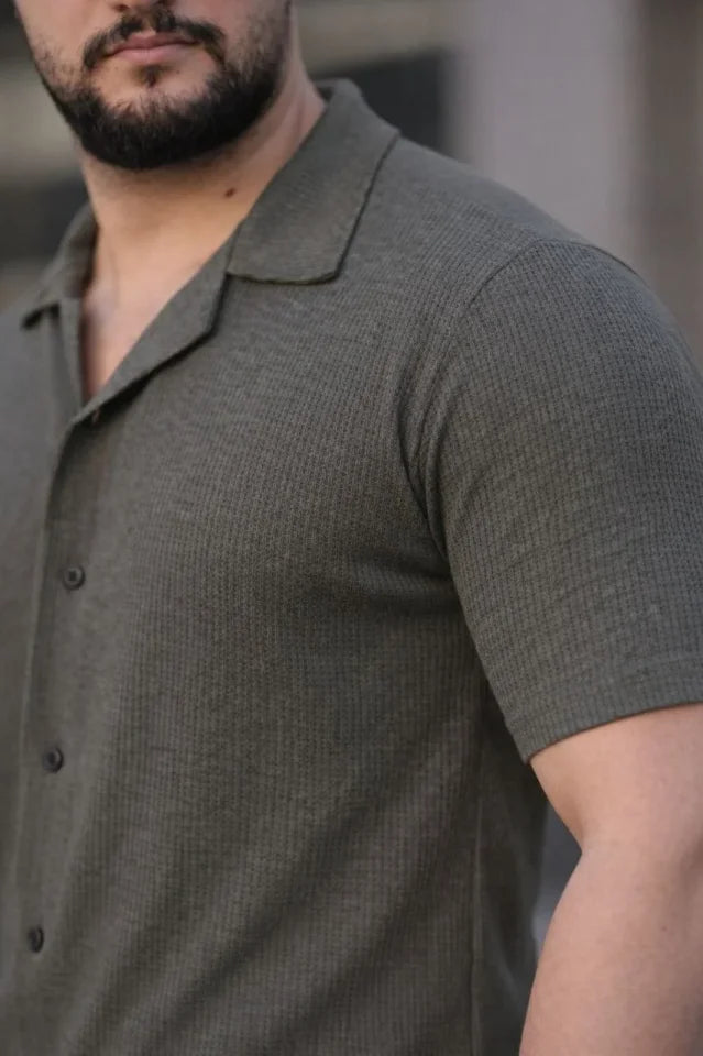 Men's Waffle Weave Open Collar Buttoned Regular Fit 3-Piece Shirt Set - Black, Khaki, Navy