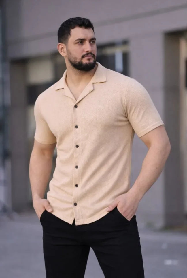 Erkek Waffle Dokuma Açık Yakalı Düğmeli Regular Kalıp 3’lü Gömlek Seti - Bej, Beyaz, Lacivert