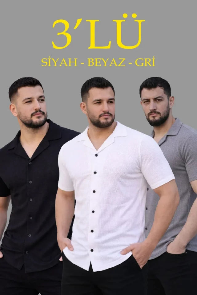 Men's Waffle Weave Open Collar Buttoned Regular Fit 3-Piece Shirt Set - Black, White, Gray
