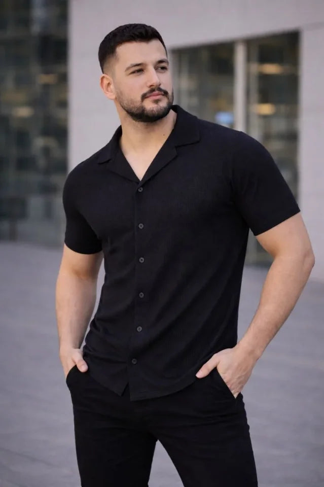 Men's Waffle Weave Open Collar Buttoned Regular Fit 3-Piece Shirt Set - Black, White, Gray