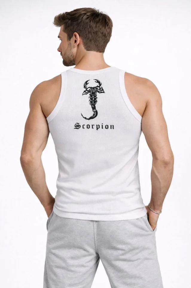 Men's Ribbed Tank Top Zero Collar Slim Fit Back Printed Sports Tank - White