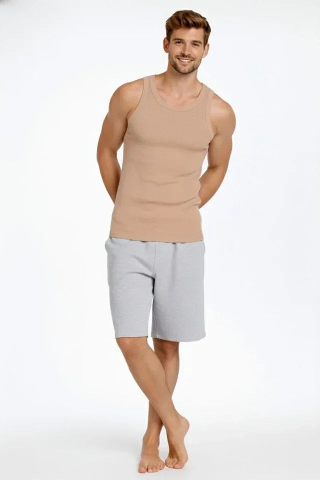 Men's Ribbed Tank Top Zero Collar Slim Fit Back Printed Sports Tank - Beige