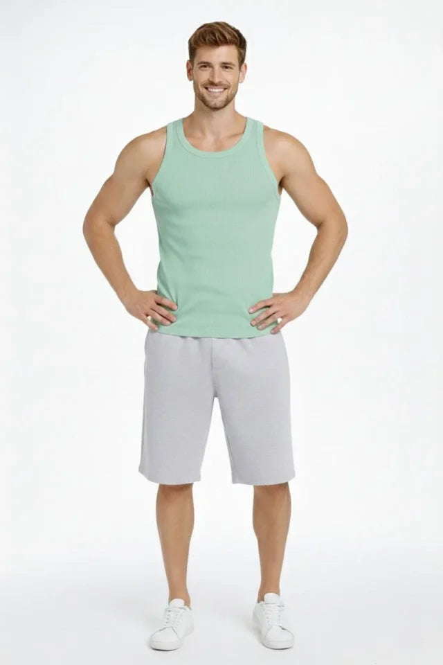 Erkek Fitilli Atlet Sıfır Yaka Slim Fit Arka Baskılı Spor Atlet - Mint Yeşili