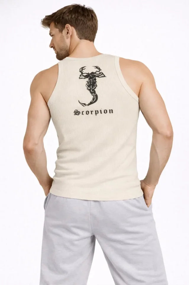 Men's Ribbed Tank Top Zero Collar Slim Fit Back Printed Sports Tank - Cream