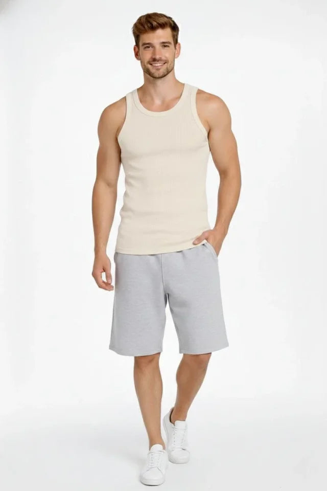 Men's Ribbed Tank Top Zero Collar Slim Fit Back Printed Sports Tank - Cream