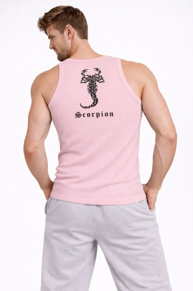 Men's Ribbed Tank Top Zero Collar Slim Fit Back Printed Sports Tank - Pink