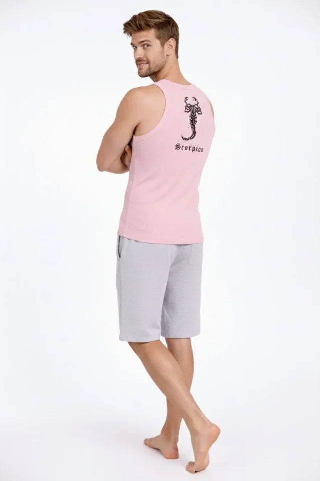 Men's Ribbed Tank Top Zero Collar Slim Fit Back Printed Sports Tank - Pink
