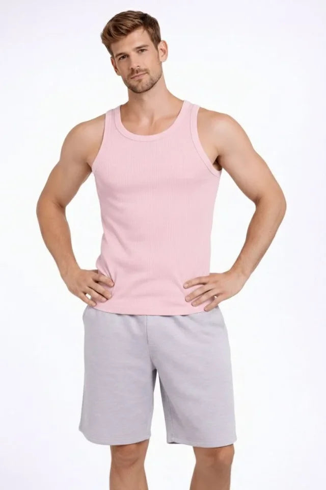 Men's Ribbed Tank Top Zero Collar Slim Fit Back Printed Sports Tank - Pink