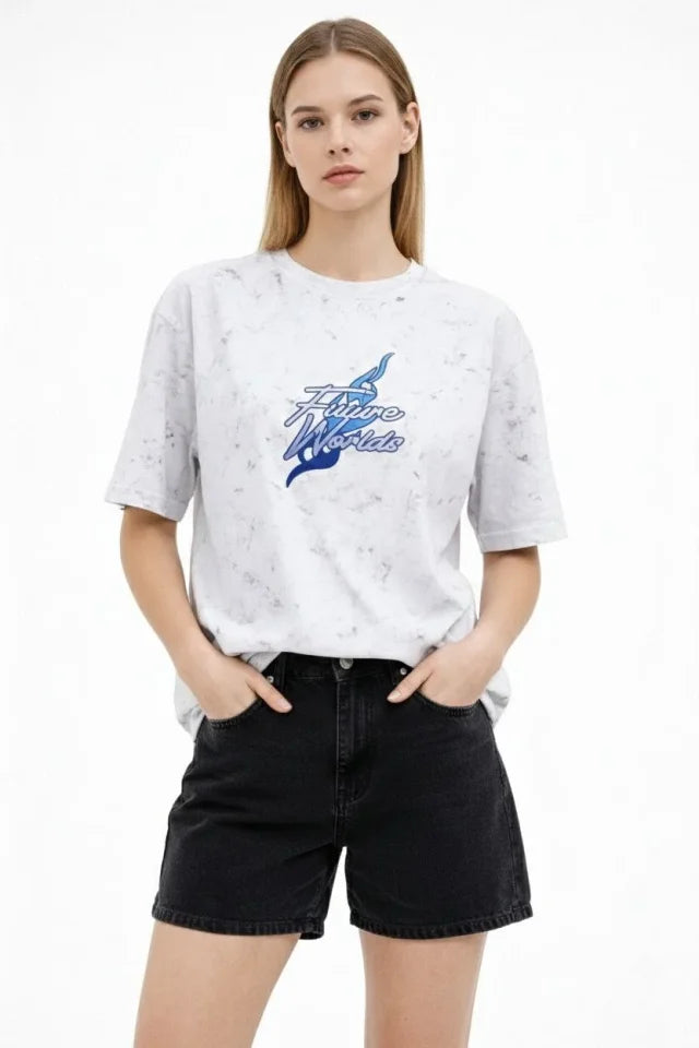 Asit Yıkamalı Oversize Tişört Future Worlds Baskılı Bisiklet Yaka Kısa Kollu Streetwear %100 Pamuk Street Style T-Shirt - Beyaz