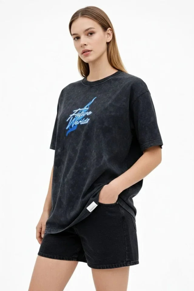 Asit Yıkamalı Oversize Tişört Future Worlds Baskılı Bisiklet Yaka Kısa Kollu Streetwear %100 Pamuk Street Style T-Shirt - Siy