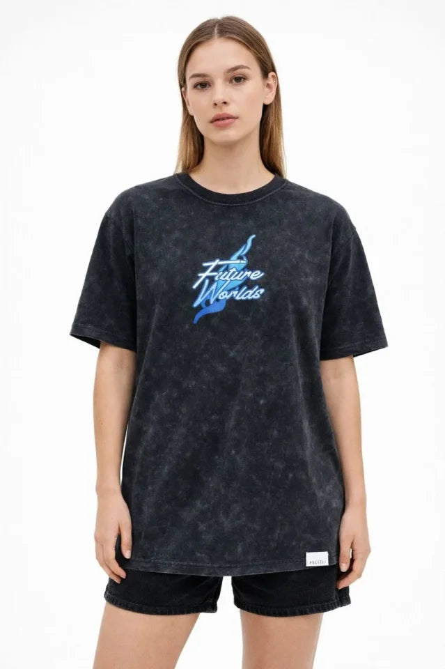 Asit Yıkamalı Oversize Tişört Future Worlds Baskılı Bisiklet Yaka Kısa Kollu Streetwear %100 Pamuk Street Style T-Shirt - Siy