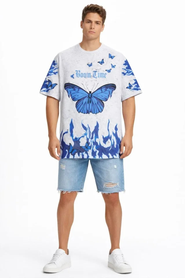 Erkek Asit Yıkamalı Oversize Tişört Mavi Kelebek Baskılı Dijital Print Bisiklet Yaka Streetwear T-Shirt - Beyaz
