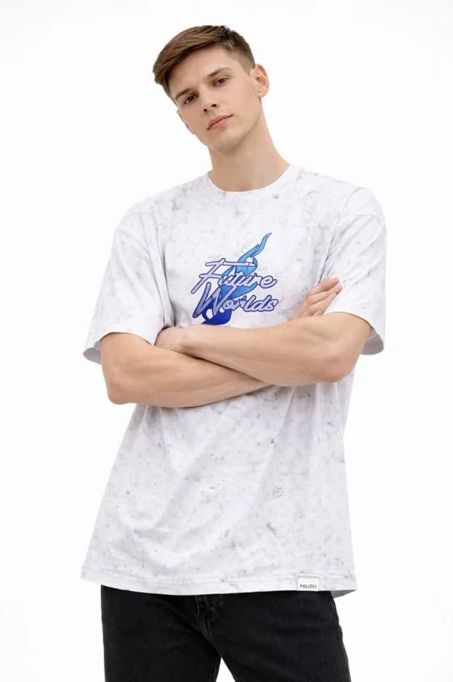 Men's Acid Washed Oversize T-Shirt with Future Worlds Print, Crew Neck, Short Sleeve Streetwear 100% Cotton Street Style T-Shirt - White