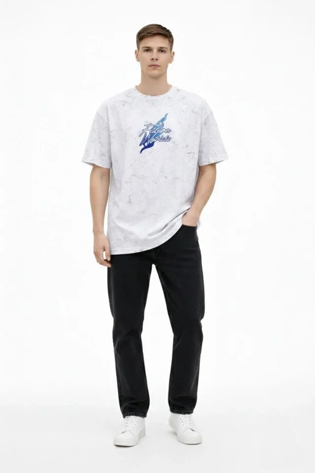 Men's Acid Washed Oversize T-Shirt with Future Worlds Print, Crew Neck, Short Sleeve Streetwear 100% Cotton Street Style T-Shirt - White