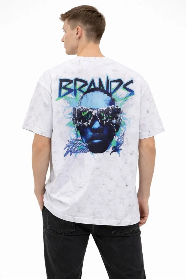 Erkek Asit Yıkamalı Oversize Tişört Future Worlds Baskılı Bisiklet Yaka Kısa Kollu Streetwear %100 Pamuk Street Style T-Shirt - Beyaz