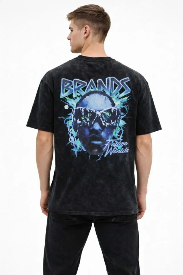 Men's Acid Washed Oversize T-Shirt with Future Worlds Print, Crew Neck, Short Sleeve Streetwear 100% Cotton Street Style T-Shirt - Black