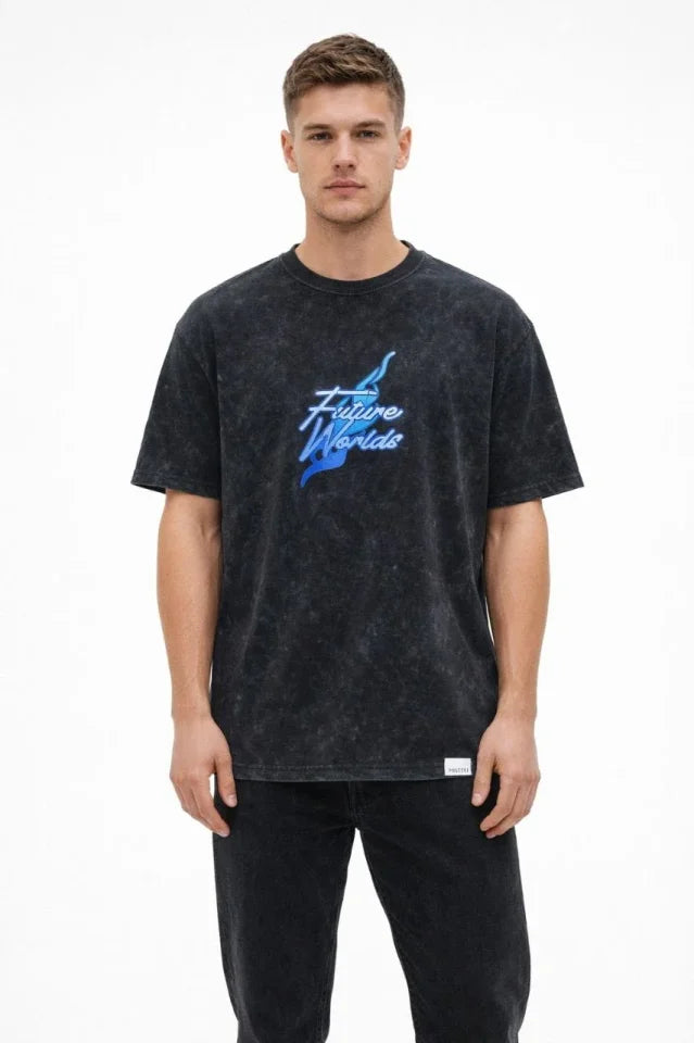 Men's Acid Washed Oversize T-Shirt with Future Worlds Print, Crew Neck, Short Sleeve Streetwear 100% Cotton Street Style T-Shirt - Black
