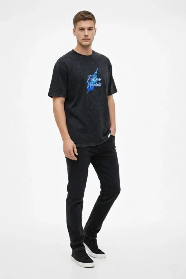 Erkek Asit Yıkamalı Oversize Tişört Future Worlds Baskılı Bisiklet Yaka Kısa Kollu Streetwear %100 Pamuk Street Style T-Shirt