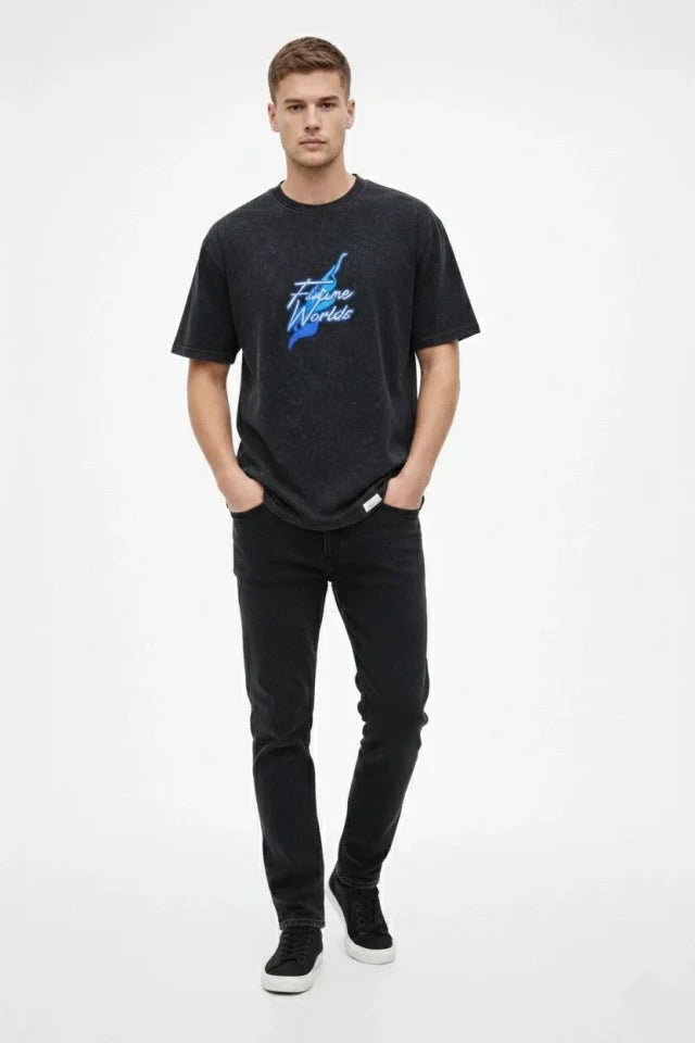 Erkek Asit Yıkamalı Oversize Tişört Future Worlds Baskılı Bisiklet Yaka Kısa Kollu Streetwear %100 Pamuk Street Style T-Shirt