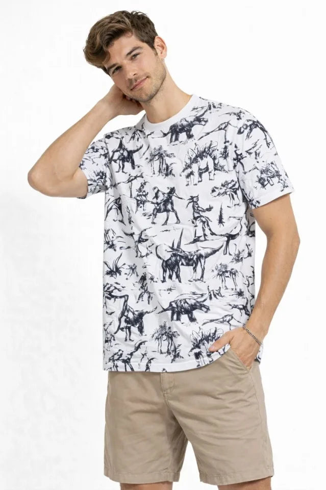 Men's White Dinosaur Patterned T-Shirt – Regular Fit, Crew Neck, Digitally Printed Cotton T-Shirt - White