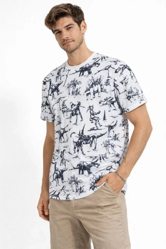 Men's White Dinosaur Patterned T-Shirt – Regular Fit, Crew Neck, Digitally Printed Cotton T-Shirt - White