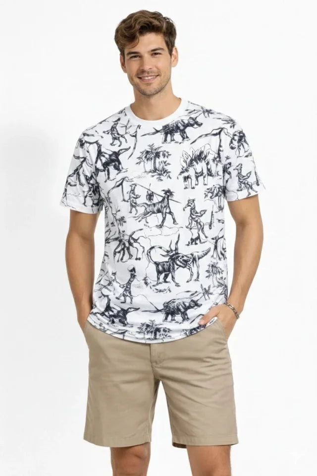 Erkek Beyaz Dinozor Desenli Tişört – Regular Fit, Bisiklet Yaka, Dijital Baskılı Pamuklu T-Shirt - Beyaz