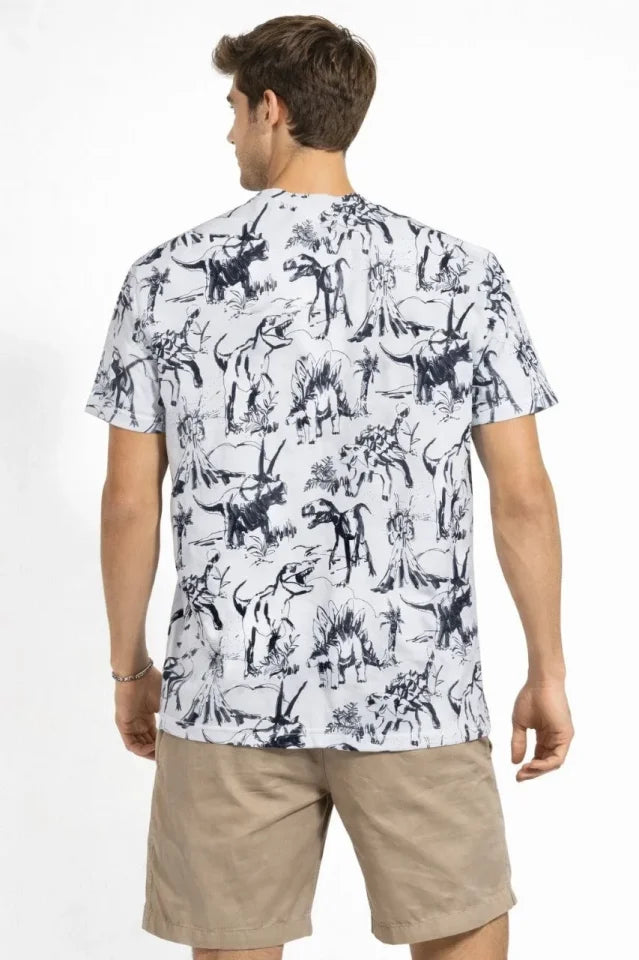 Erkek Beyaz Dinozor Desenli Tişört – Regular Fit, Bisiklet Yaka, Dijital Baskılı Pamuklu T-Shirt - Beyaz