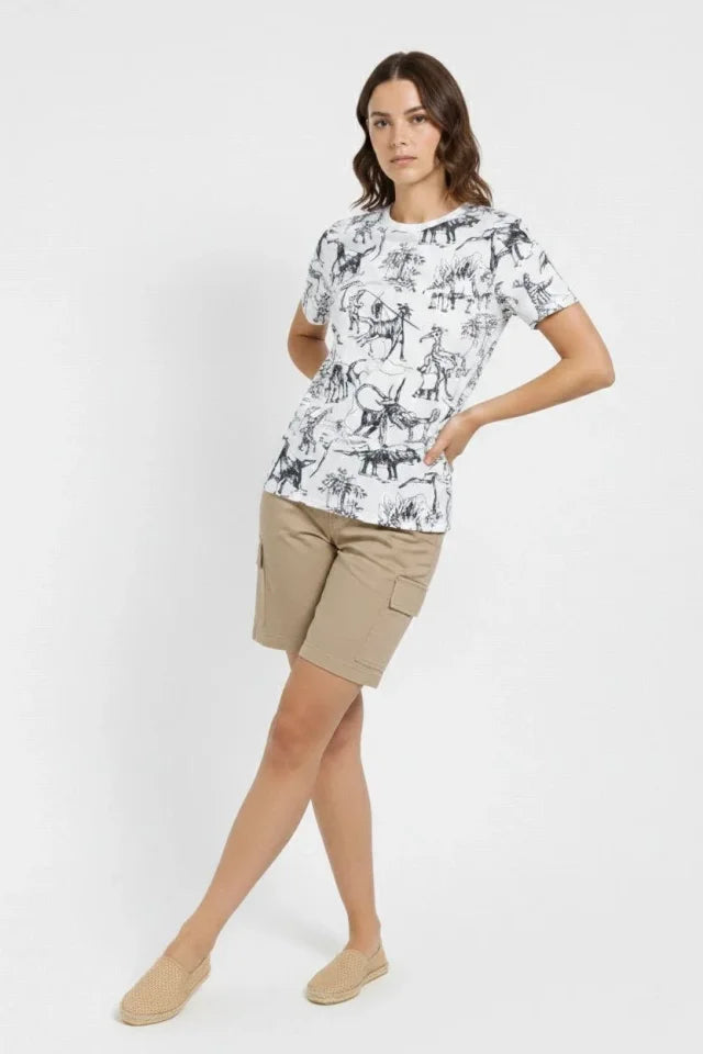 White Dinosaur Patterned T-Shirt – Regular Fit, Crew Neck, Digitally Printed Cotton T-Shirt - White