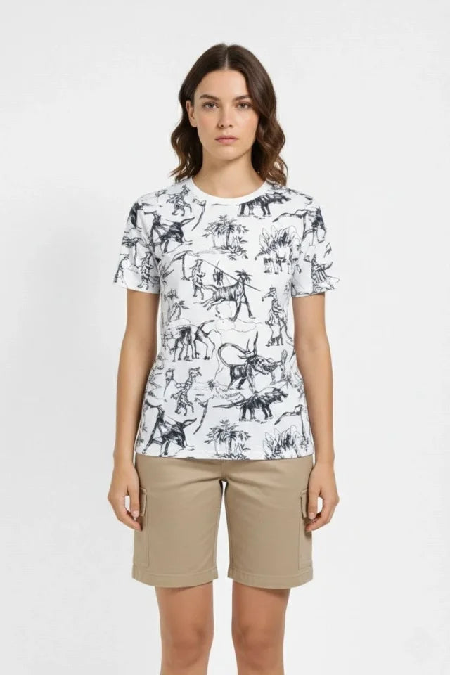 White Dinosaur Patterned T-Shirt – Regular Fit, Crew Neck, Digitally Printed Cotton T-Shirt - White